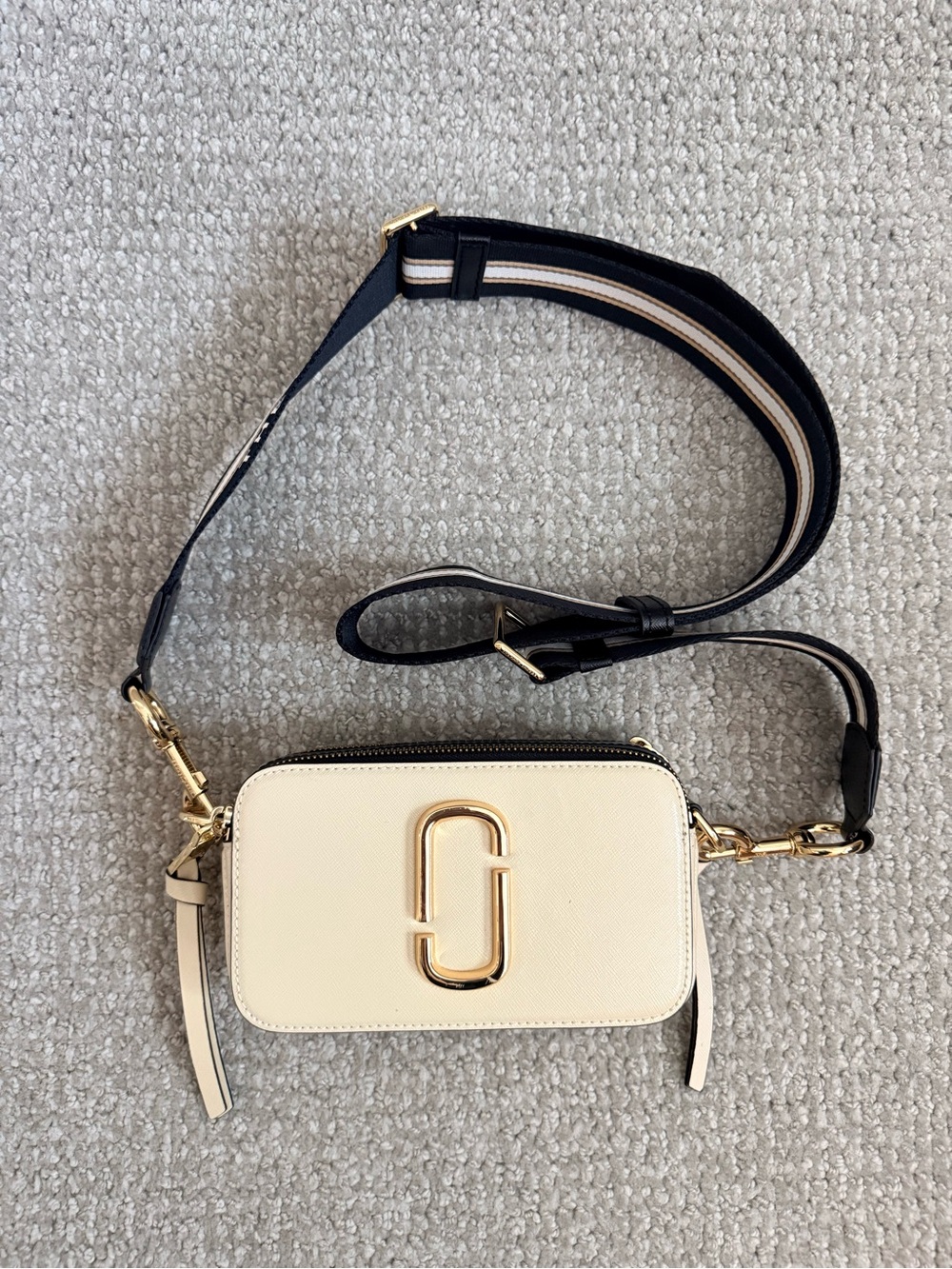 Marc Jacobs Cream Camera Crossbody with Navy Stripe Strap